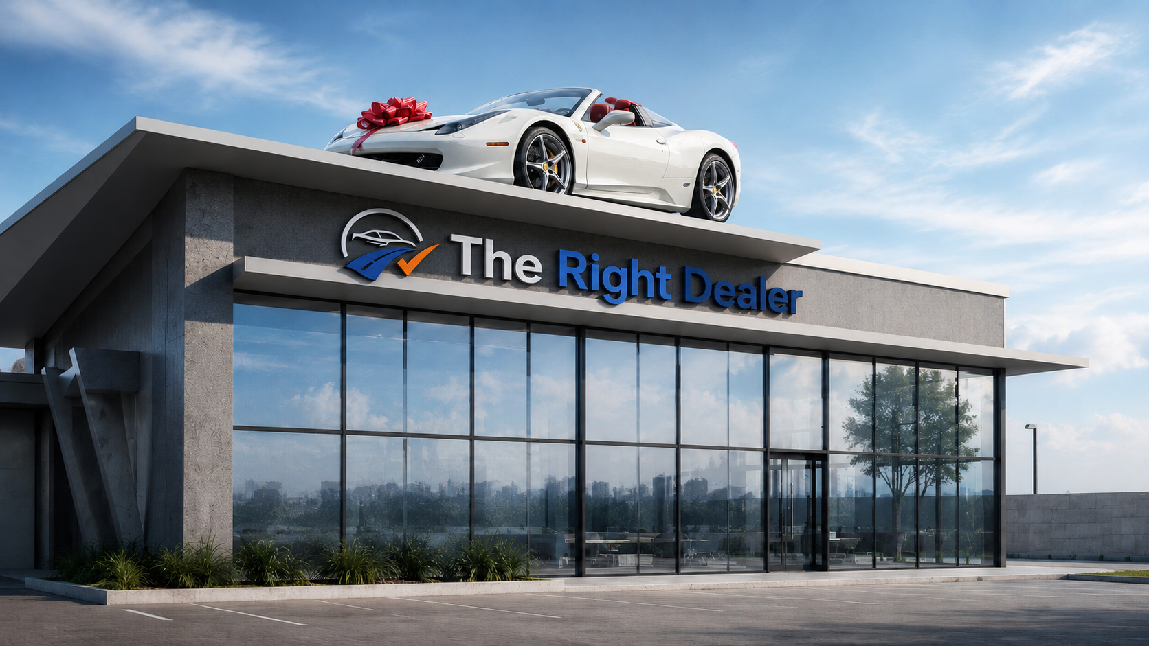The Right Dealer dealership showroom with a white sports car on the roof