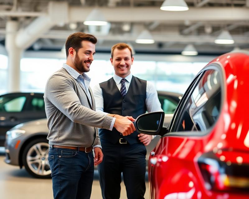 Dealer shaking hands with happy customer at dealership